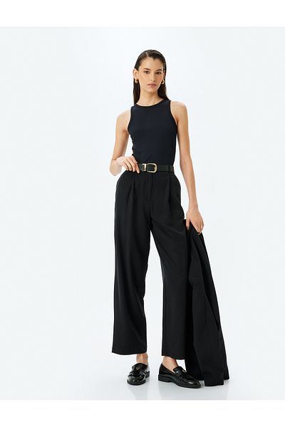 Koton Extra lange Stoffhose mit hoher Taille und weitem Bein und Taschen