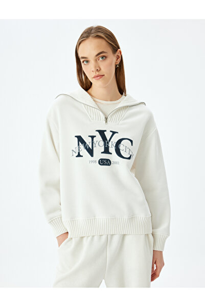 Koton Raised Half Zip Printed Oversize College Sweatshirt