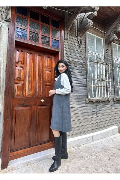 KÜÇÜĞÜM BUTİK Anthracite Short Stamp V-Neck Gilet Dress