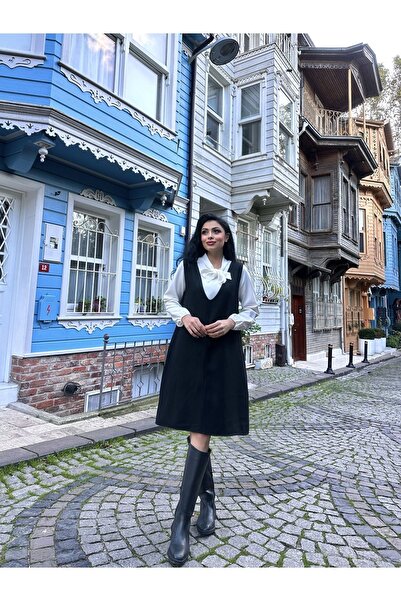 KÜÇÜĞÜM BUTİK Siyah Kısa Kaşe V Yaka Jile Elbise