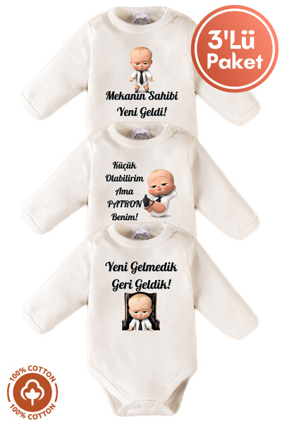Baby Boy 100% Organic Cotton Boss Baby Printed 0-12 Months 3pcs Long Sleeve Baby Bodysuit