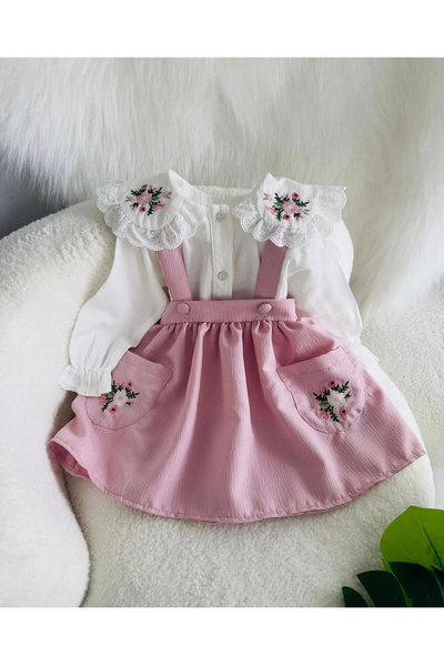 Kokosh kidss Kız çocuk çiçek işlemeli vintage gömlek ve askılı elbise seti