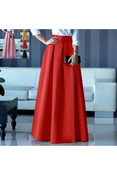 NSMLİFE Women's Red High Waist Maxi Long A-line Satin Skirt