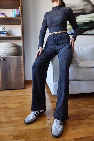 Bianco Lucci Women's Crop Blouse and Elastic Waist Pants Bottom Top Suit 415 60261089