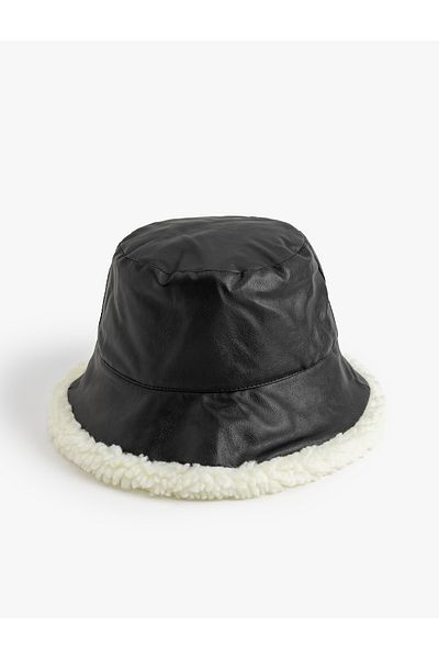 Koton Plush Lined Faux Leather Bucket Hat