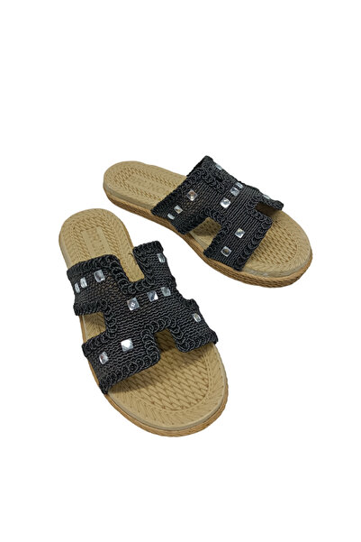 Sia Çanta Straw Knitted Belted Bead Stoned Soft Tight Cork Sole Women's Slipp...