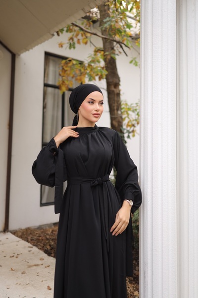 Zaure Kadın Tesettür Yakası Büzgülü Kolu Kurdelalı Elbise