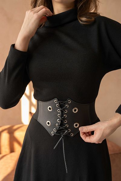 WOMAN VISION Tricotaj elastic de design pentru femei, țesătură, guler cu mânecă lungă, detaliu curea, rochie midi neagră 134