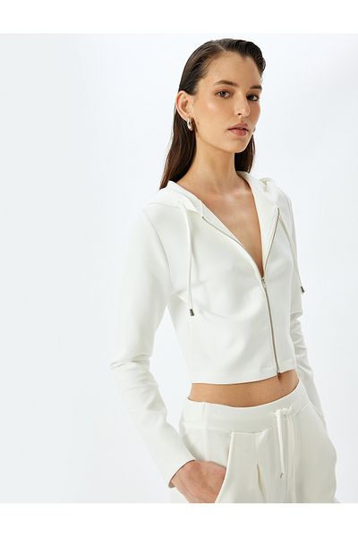 Koton Slim Fit Zipper Detailed Hooded Crop Sweatshirt