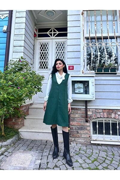 KÜÇÜĞÜM BUTİK Σμαραγδένιο Πράσινο Κοντό Φόρεμα με λαιμόκοψη V με λαιμόκοψη