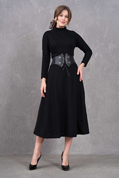 bayansepeti Esnek Triko Kumaş Dik Yaka Kemer Hediyeli Uzun Kollu Midi Boy Elbise 134