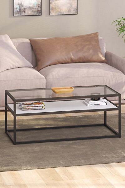 TOLIAHOME Modern Beyaz-Siyah Renk Metal İskeletli Temper Camlı 2 Katlı Dikdör...