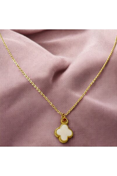 SAYILI COLLECTION Gold Çerçeveli Beyaz 4 Yapraklı Yonca Kadın Kolye Beyaz  Şı...