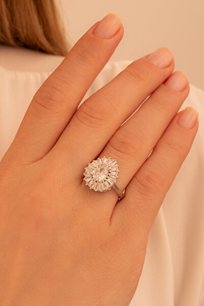 OSMANLI GÜMÜŞ Kadın Gümüş Yüzük - Mekik Model Zirkon Taşlı Baget Süslemeli Ro...