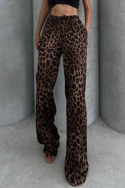 khar Dámské saténové široké kalhoty s elastickým pasem s leopardím vzorem