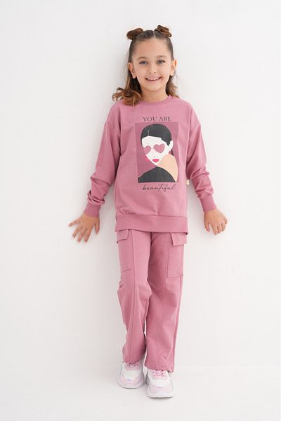 ROBA KIDS Girls' Compact 2-Thread Print Detail Pocket Bottom Top Sweat Suit Rb-8028