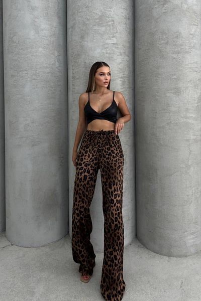 khar Dámské saténové široké kalhoty s elastickým pasem s leopardím vzorem