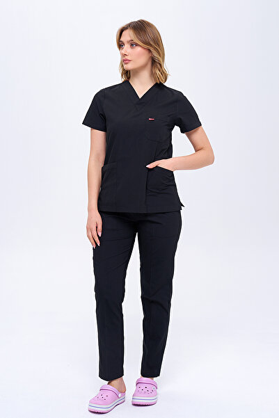 TIPTEKS Women's Scrubs Black Nurse Doctor Surgical Jersey, Terry-Cotton V Neck Surgical Jersey Suit