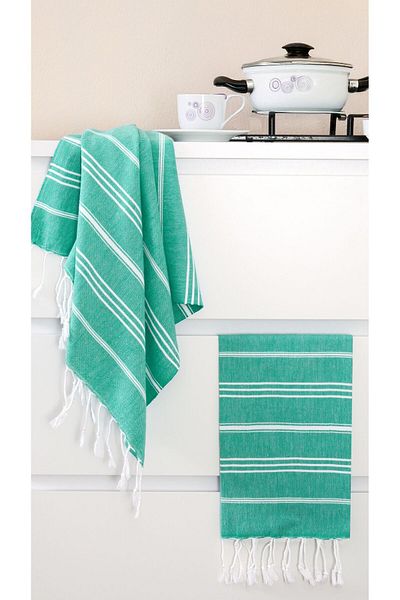 Miracolo Home Sultan Peskir - Set of 2 Turquoise and White Striped Drying Cloth