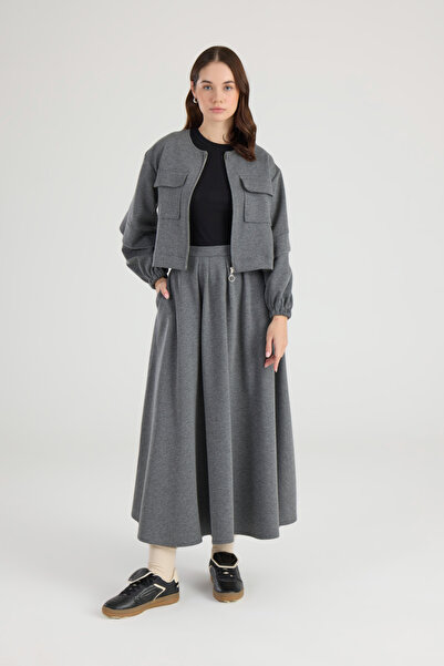 Birgül Bektaş Gri Cep Detaylı Ceket Etek Takım