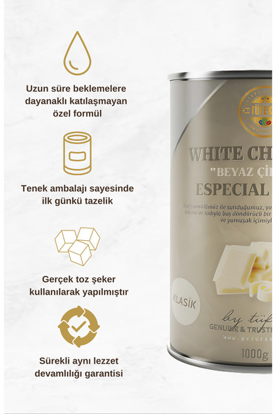 By Tüfekçi Sıcak Beyaz Çikolata Parçacıklı Içecek Tozu 1000 gr Teneke Ambalaj Gerçek Şeker