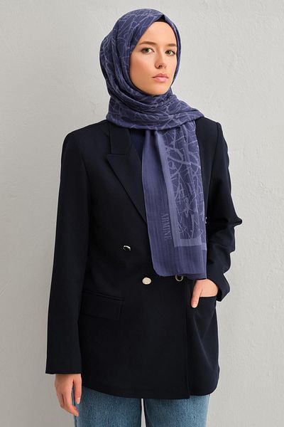 Armine Σάλι Tensel-Silk με μοτίβο καλλιγραφίας - ATN3 - 3292 - Μαλακό μπλε ναυτικό