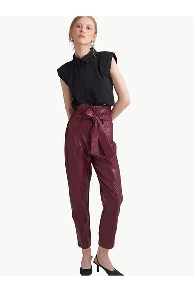 RİVUS Pantaloni din piele vegană cu talie înaltă - Roșu Claret