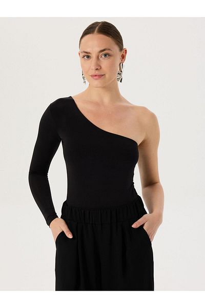 RİVUS One Shoulder Long Sleeve Bodysuit - Black