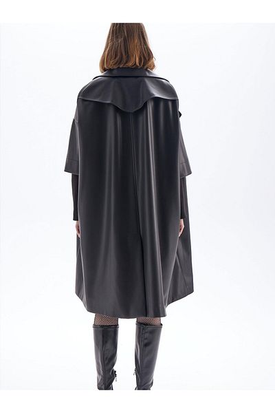 RİVUS Short Sleeve Long Vegan Leather Coat - Black