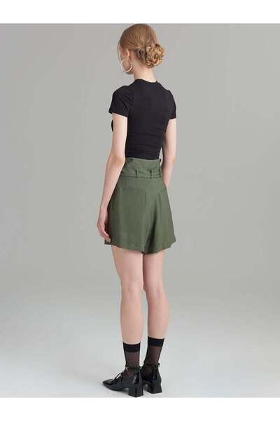 RİVUS Buttoned Belted High Waist Relaxed Fit Shorts - Khaki