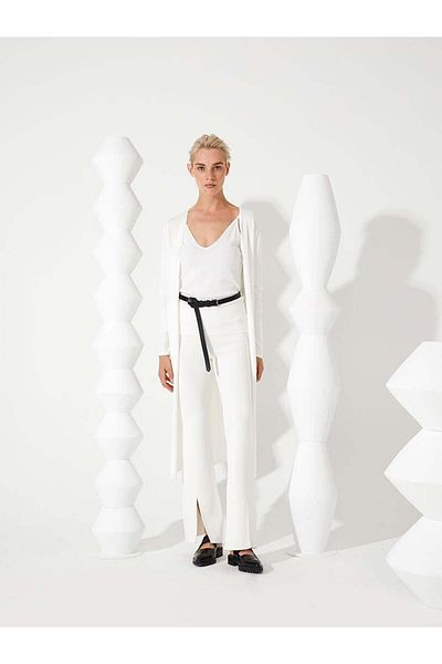 RİVUS Midi Length Knitwear Trousers with Front Slit - Ecru