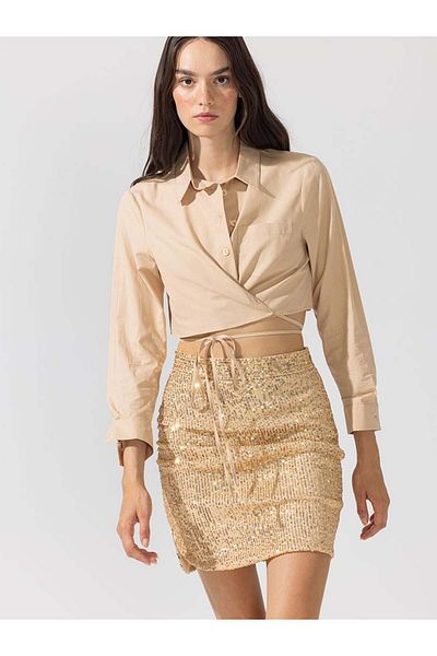 RİVUS Sequin Skirt with Side Slits and Drape Detail - Gold