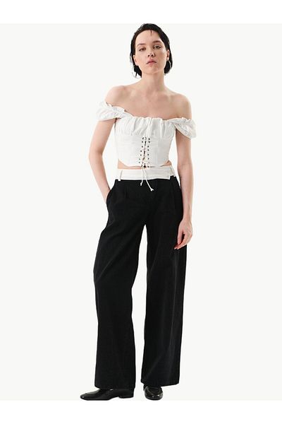 RİVUS Black Asymmetrical Closure and Garni Detailed Wide Leg Jeans