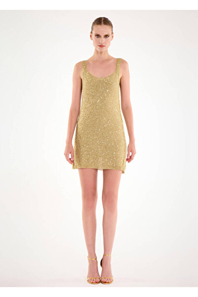 Knitss Işıltılı Gold Renk Payetli Triko Elbise