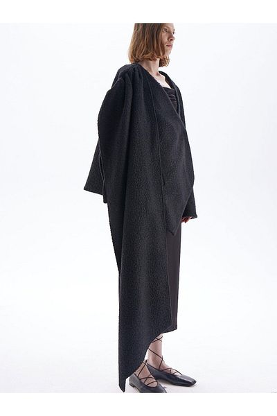 RİVUS Boucle Merino Jacket Coat with Neck Collar - Black