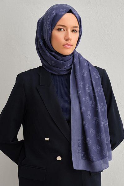Armine Minimal Monogram Pattern Tensel-Silk Shawl - Μαλακό Navy Blue ATN1 - 3292