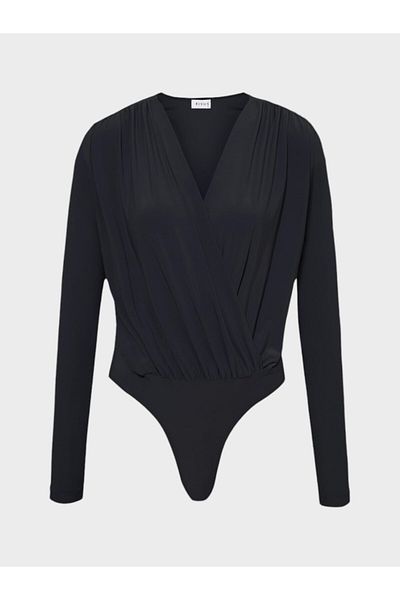 RİVUS Gathered Long Sleeve Bodysuit with V-Neck - Black