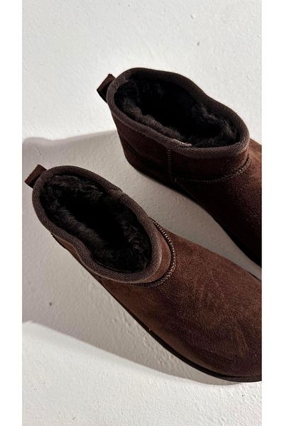 Eataly Shoes Botine ultra mini din piele intoarsa maro deschis cu talpa plată