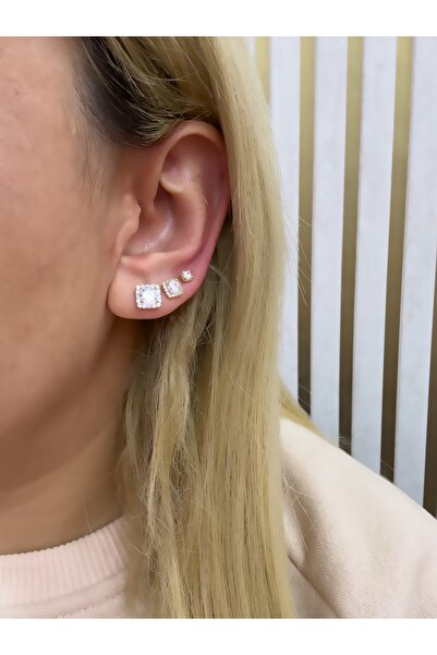 Hicrans Takı KARE MODEL TAŞLI ÜÇLÜ SET ÇELİK KÜPE