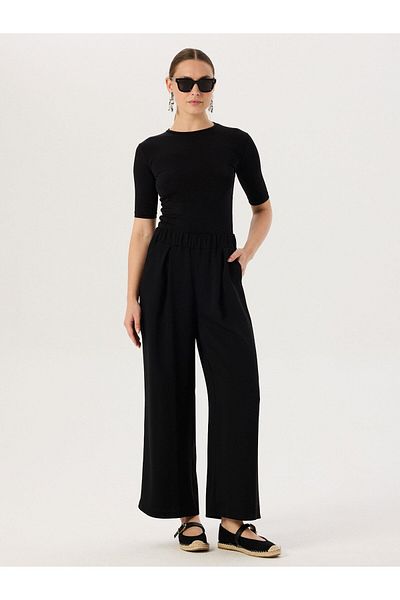 RİVUS Black Loose Trousers with Wide Legs and Elastic Waist