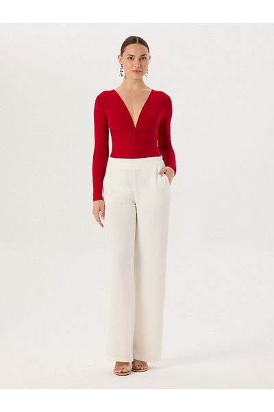 RİVUS Elastic Waist Wide Leg Crepe Trousers - Ecru