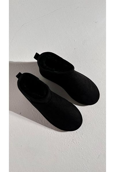 Eataly Shoes Botine ultra mini din piele intoarsa neagra cu talpa plată cu blană în interior