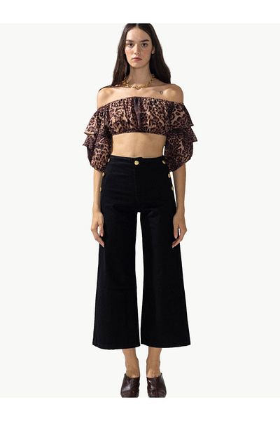 RİVUS Flare Jean Trousers with Side Ornamental Button Detail - Black