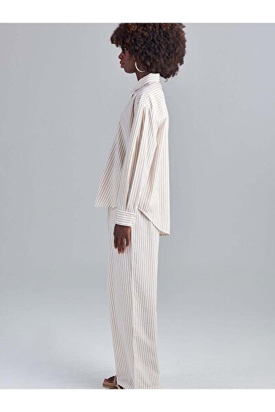 RİVUS Beige Striped Off-Shoulder Oversize Shirt