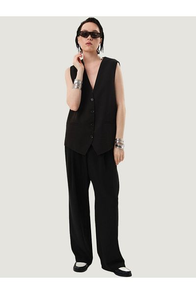 RİVUS Black Crepe Palazzo Trousers - Draped Wide Leg