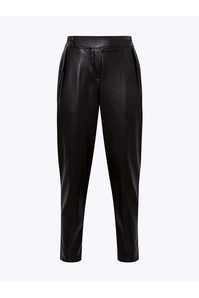 RİVUS Pleated Vegan Leather Trousers with Elastic Waist - Black