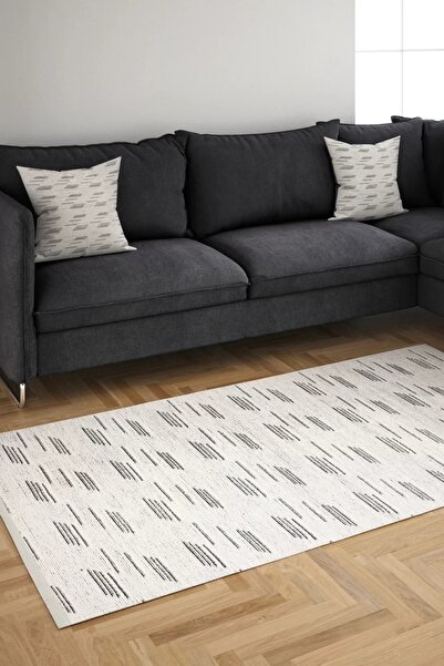 farbateks Beyaz Siyah Cizgili Makinada Yıkana Bilir Şönil Kilim Kaymaz Taban Makina Halısı