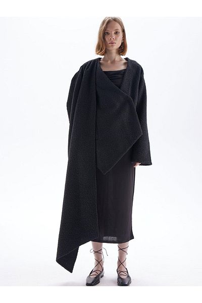 RİVUS Boucle Merino Jacket Coat with Neck Collar - Black