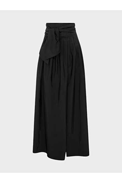 RİVUS Waist Belted High Waisted Front Slit Pleated Long Skirt - Black