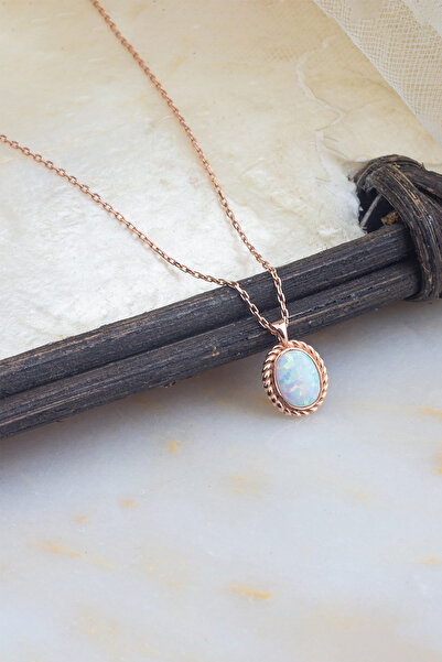 Else Silver 925 Ayar Opal Taşlı Oval Minimal Gümüş Kolye - Rose Kaplama